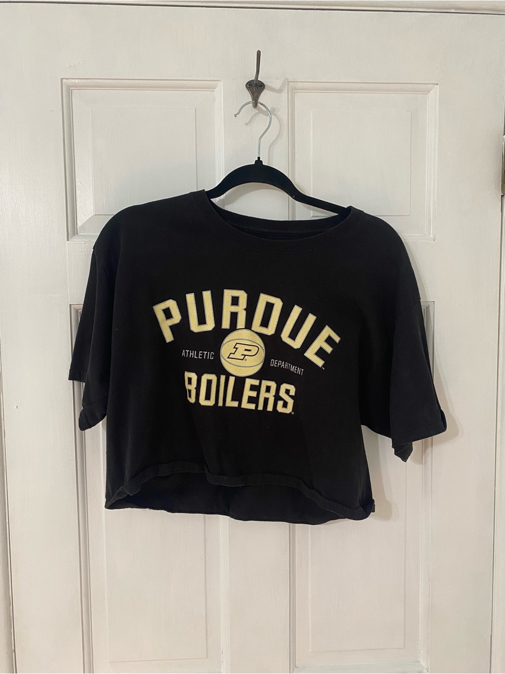 Knights Apparel Black Purdue Boilermakers Crop Tee with Gold Print